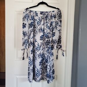 Valentina Naldi Off-the-Shoulders Blue Floral Dress 100% Linen Pullover Shift Sm